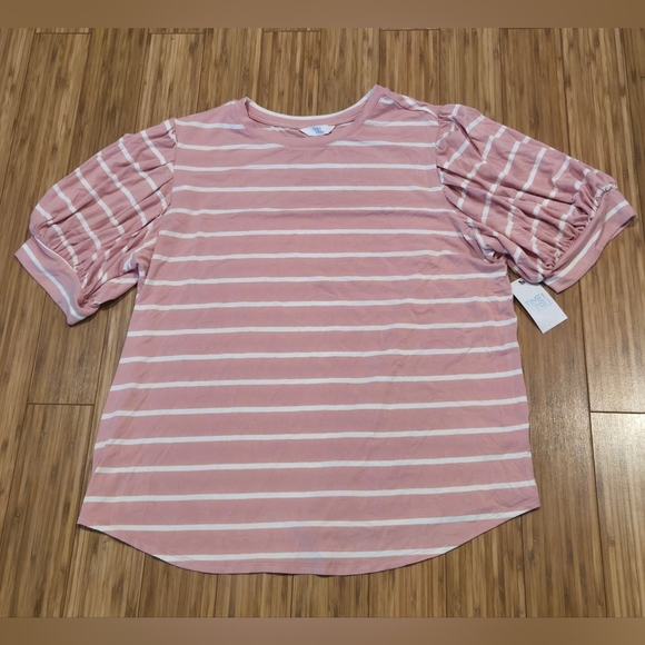 NWT Time And Tru Striped Pink Puff Sleeve Top - Picture 1 of 8